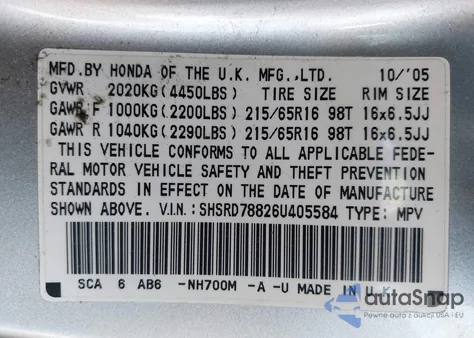 2006 Honda Cr-V Ex z USA, uszkodzony, nr VIN SHSRD78826U405584